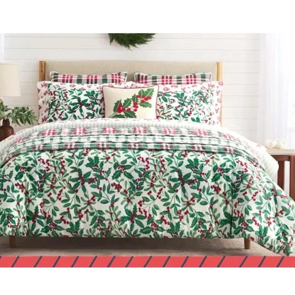 Martha Stewart Full/Queen Flannel Comforter Set Holly Holiday Green Red 3pc NEW!